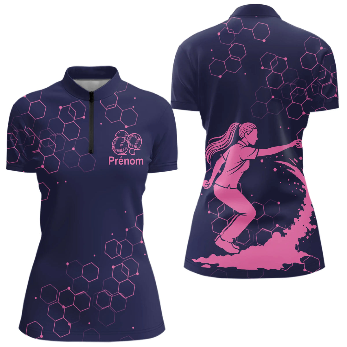 Polo Pétanque Homme Femme - Bouliste Navy et Rose Personnalisé - Polo Zippé Femme