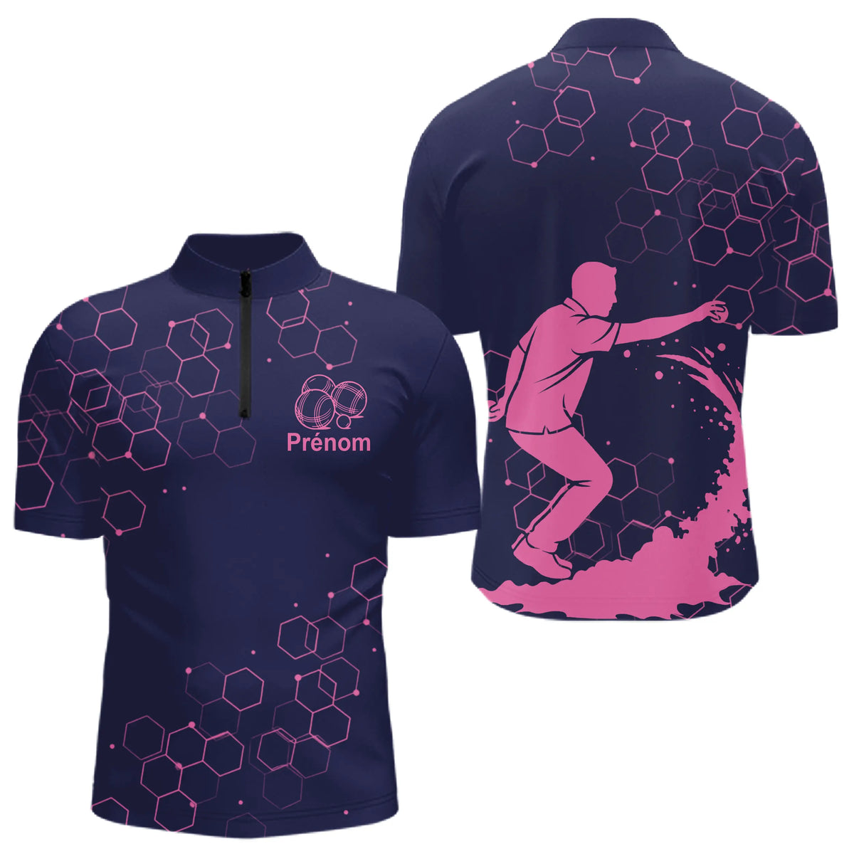 Polo Pétanque Homme Femme - Bouliste Navy et Rose Personnalisé - Polo Zippé Homme