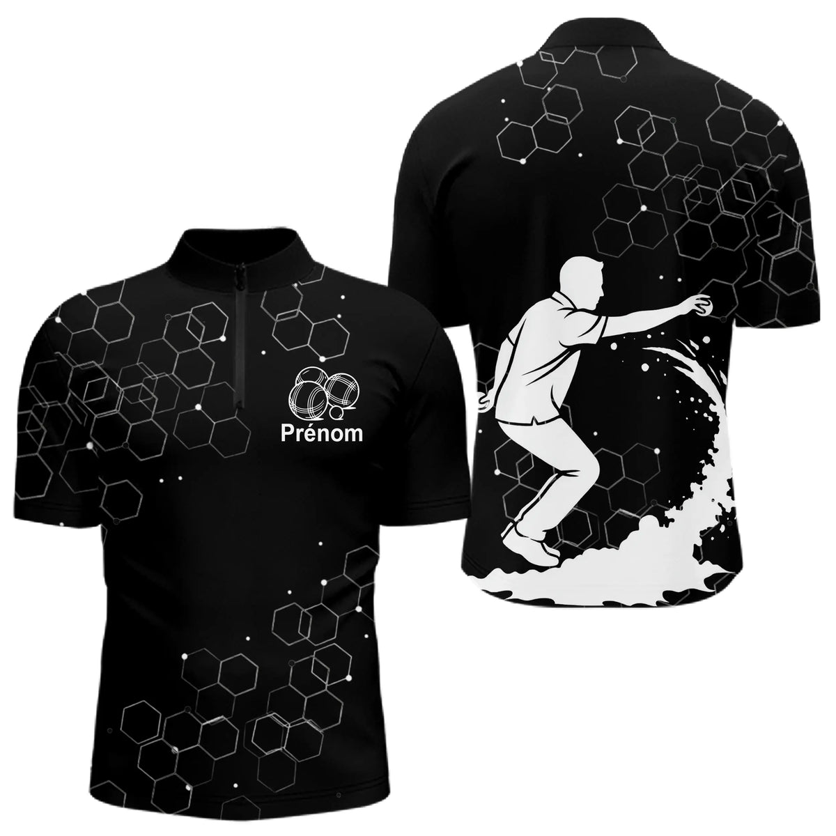 Polo Pétanque Homme Femme - Bouliste Noir Personnalisé - Polo Zippé Homme