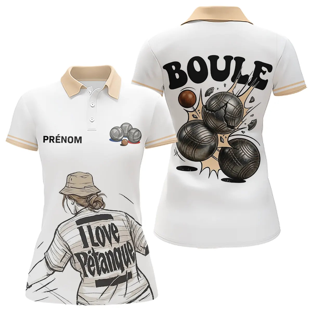 Polo Pétanque Homme Femme - I Love Boules Blanc Beige - Polo Femme