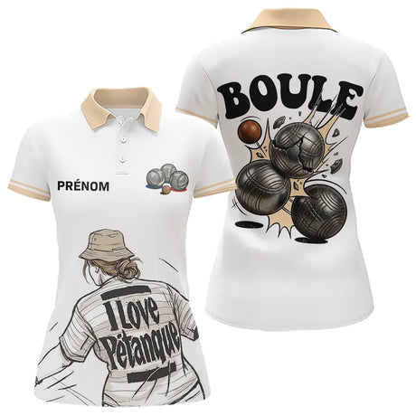 Polo Pétanque Homme Femme - I Love Boules Blanc Beige - Polo Femme