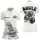 Polo Pétanque Homme Femme - I Love Boules Blanc Beige - Polo Zippé Femme