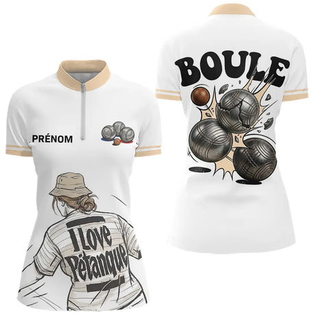 Polo Pétanque Homme Femme - I Love Boules Blanc Beige - Polo Zippé Femme