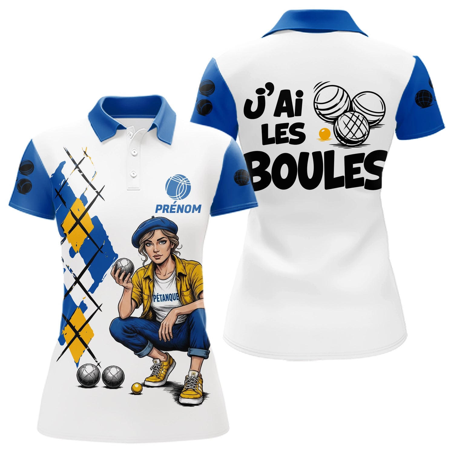 Polo Pétanque Homme Femme - J'ai les Boules Bleu Blanc - Polo Femme