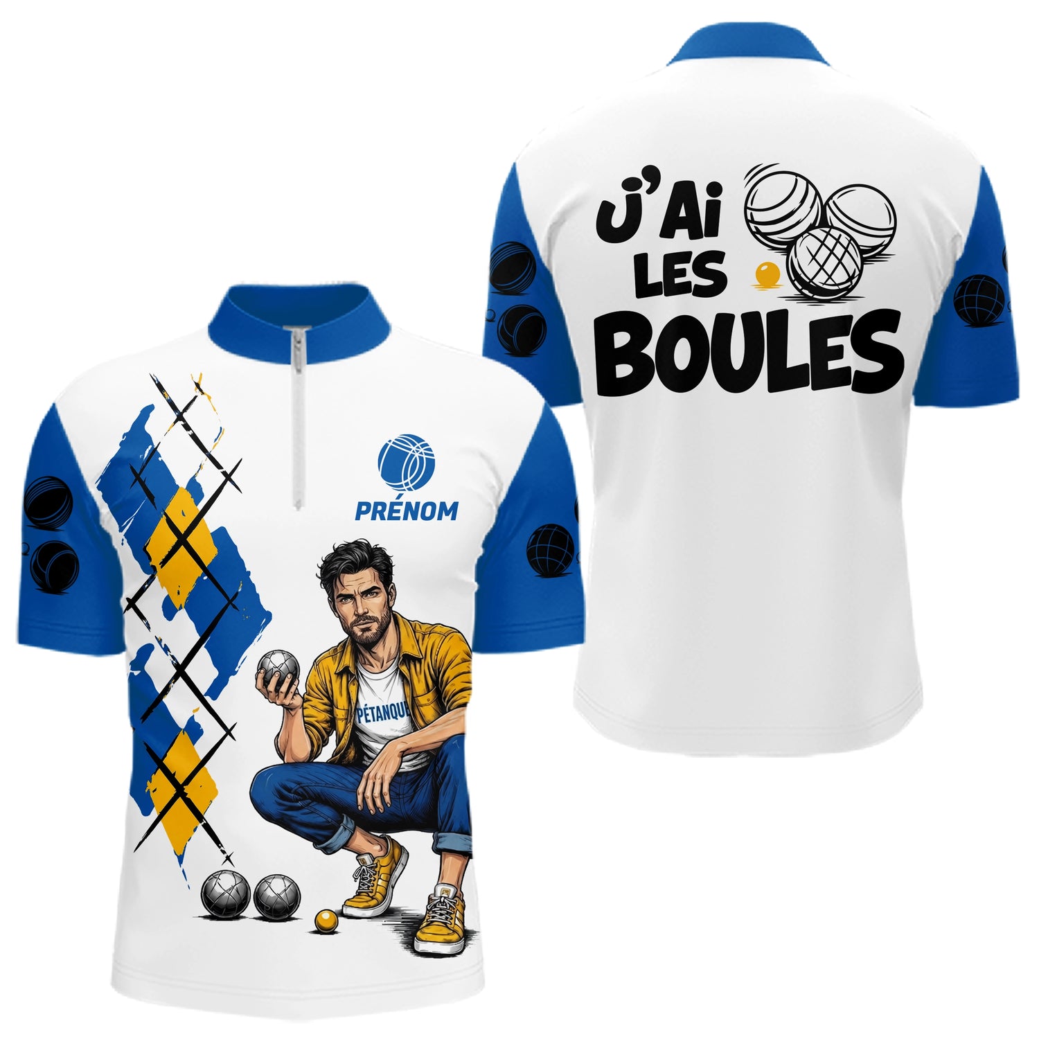 Polo Pétanque Homme Femme - J'ai les Boules Bleu Blanc - Polo Zippé Homme