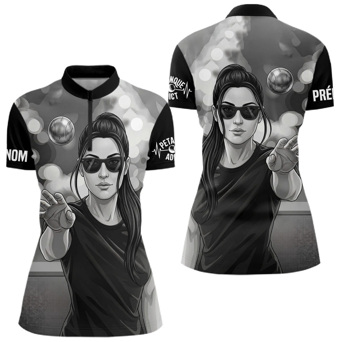 Polo Pétanque Homme Femme - Passion Boulistes Noir & Blanc - Polo Zippé Femme