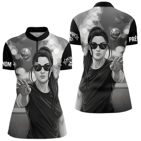 Polo Pétanque Homme Femme - Passion Boulistes Noir & Blanc - Polo Zippé Femme