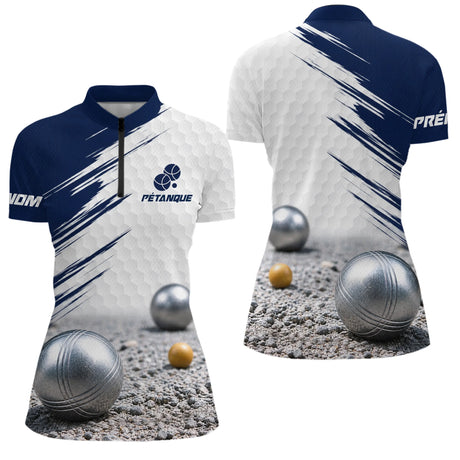Polo Pétanque Homme Femme - Style Bleu & Blanc Hexagonal - Polo Zippé Femme