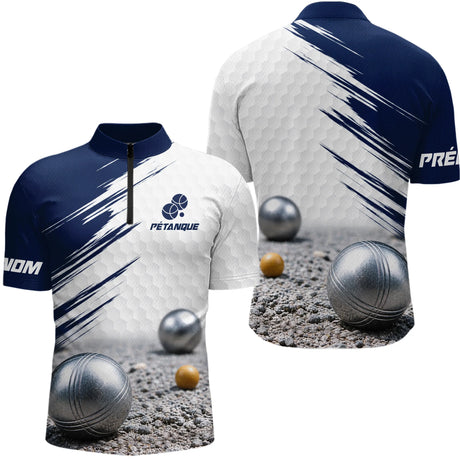 Polo Pétanque Homme Femme - Style Bleu & Blanc Hexagonal - Polo Zippé Homme