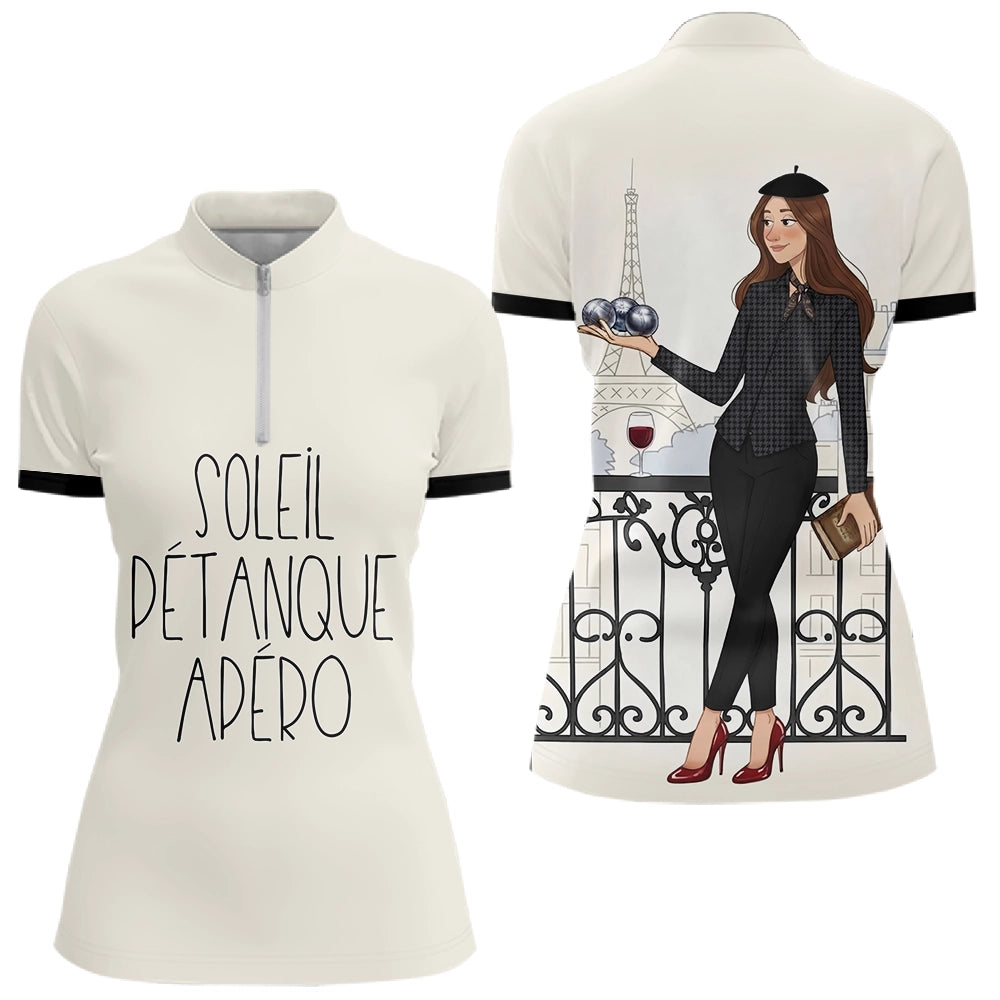 Polo Pétanque Homme Femme - Style Français Beiges Apéro - Polo Zippé Femme