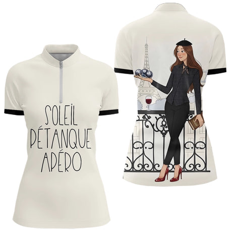 Polo Pétanque Homme Femme - Style Français Beiges Apéro - Polo Zippé Femme