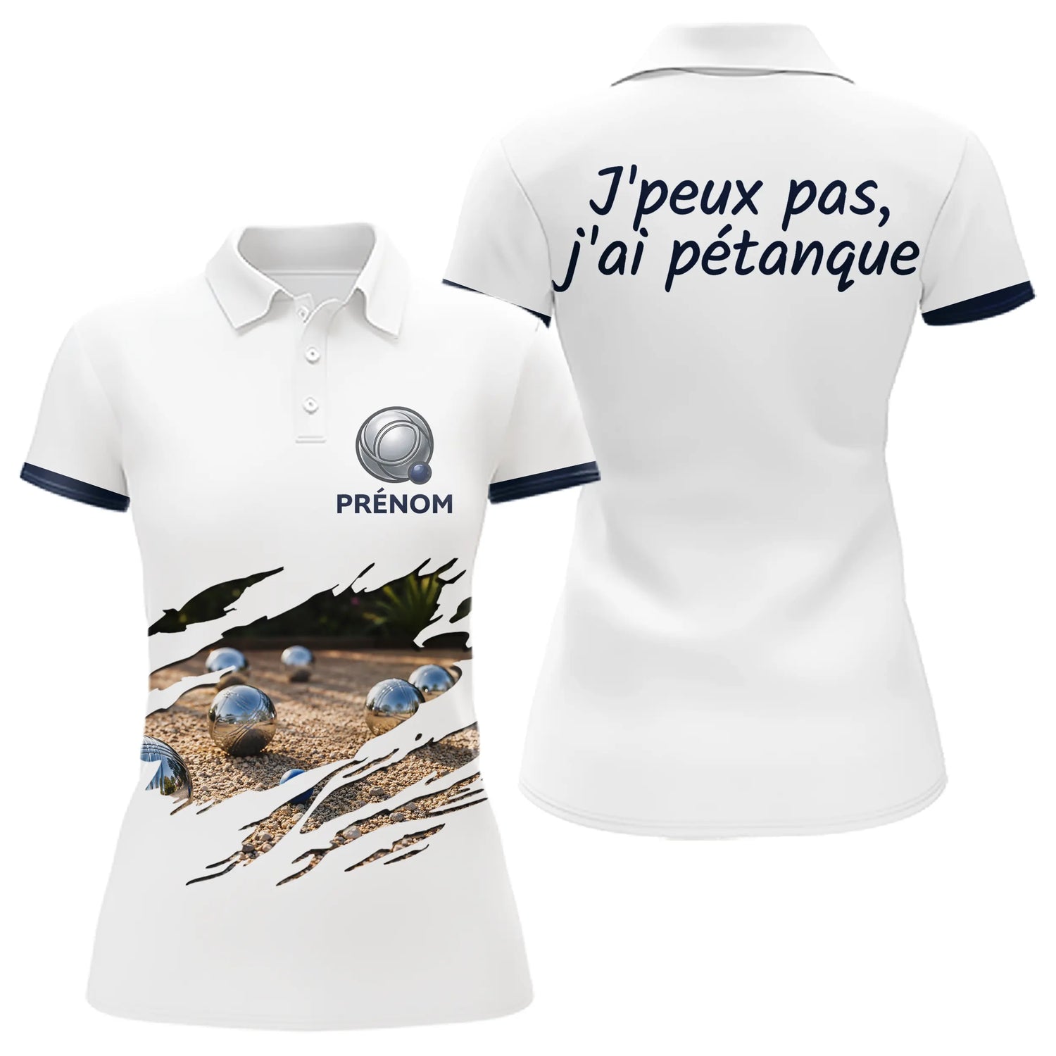 Polo Pétanque Homme Femme - Style J'peux pas Blanc & Bleu - Polo Femme