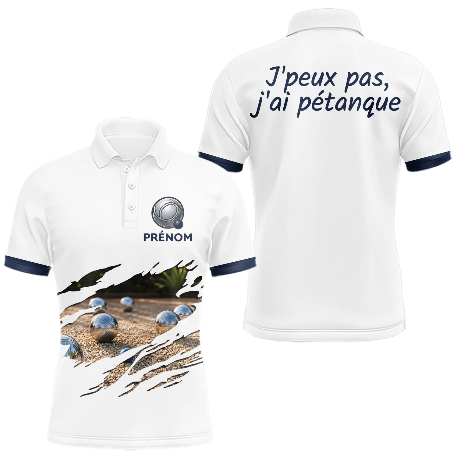 Polo Pétanque Homme Femme - Style J'peux pas Blanc & Bleu - Polo Homme
