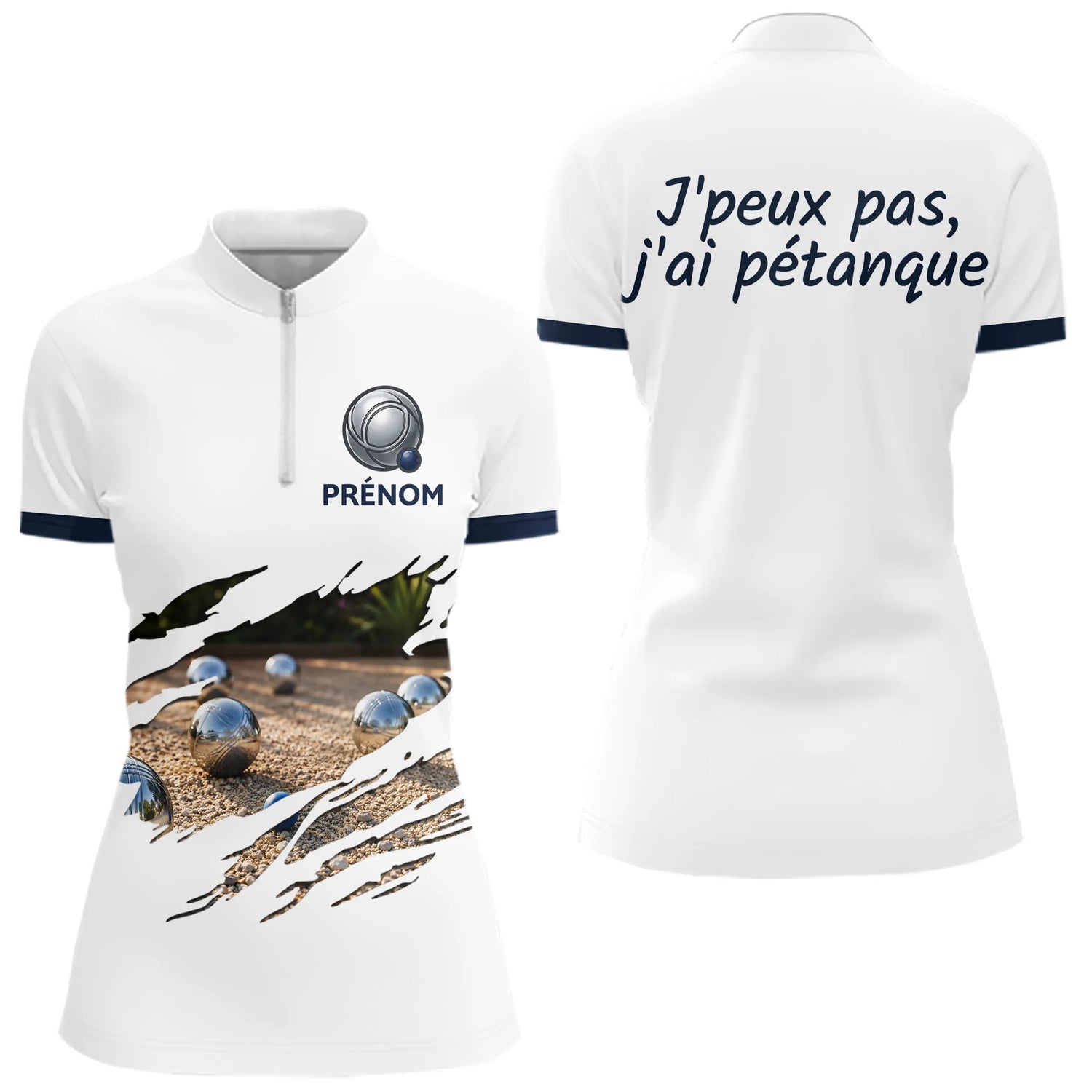 Polo Pétanque Homme Femme - Style J'peux pas Blanc & Bleu - Polo Zippé Femme
