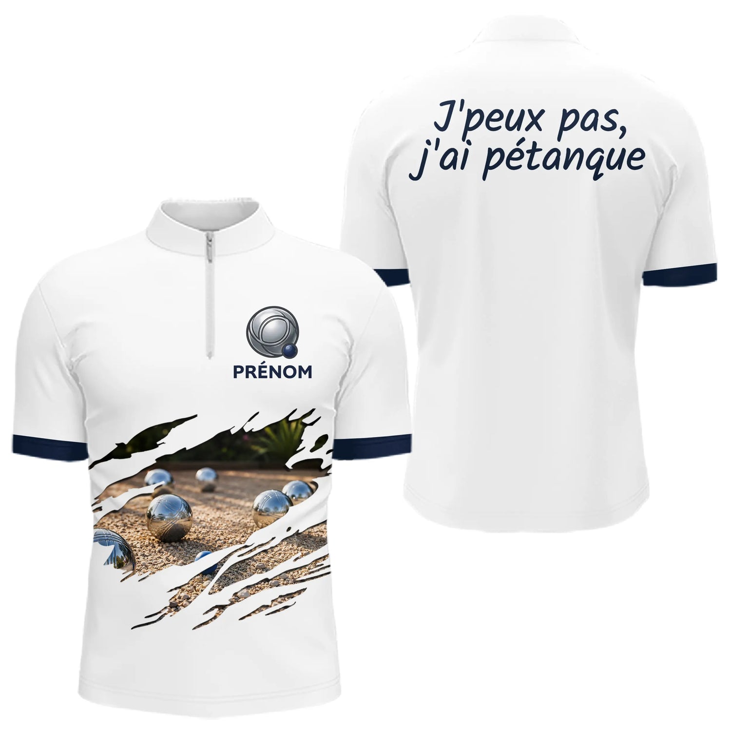 Polo Pétanque Homme Femme - Style J'peux pas Blanc & Bleu - Polo Zippé Homme