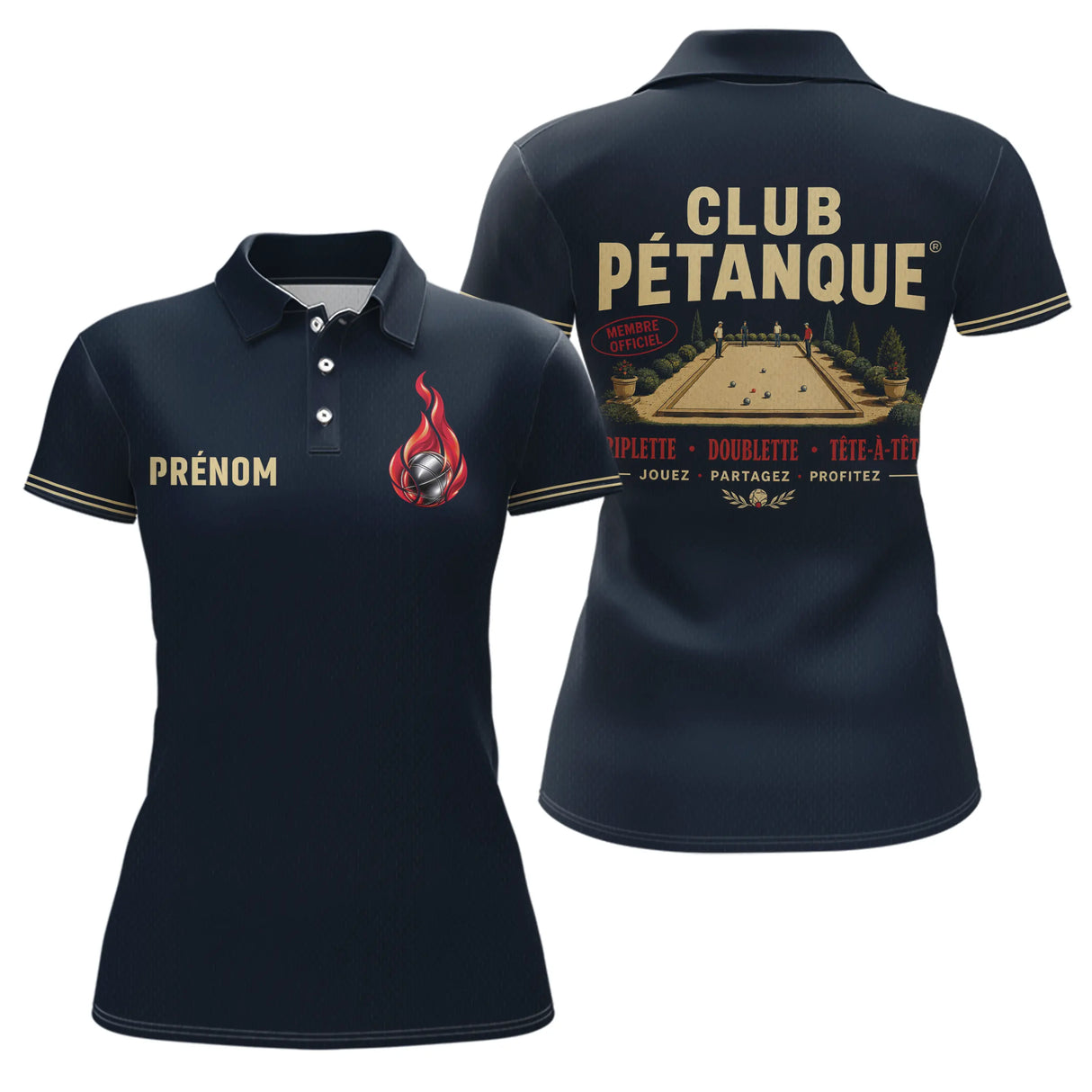 Polo Pétanque Homme Femme - Triplette & Doublette Bleu Marine - Polo Femme