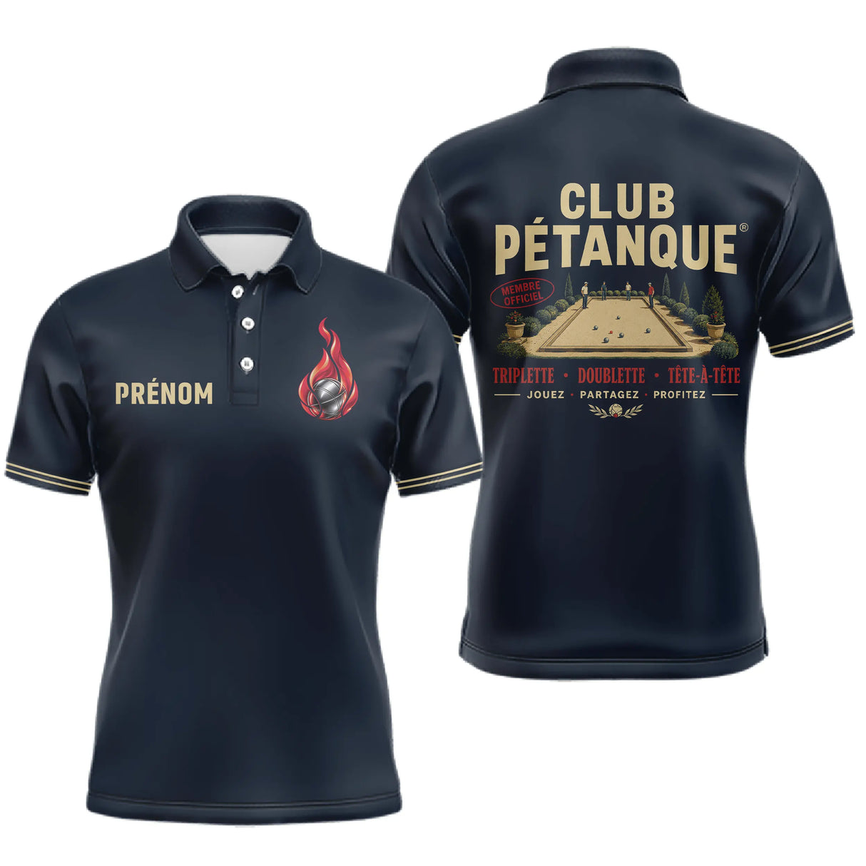 Polo Pétanque Homme Femme - Triplette & Doublette Bleu Marine - Polo Homme