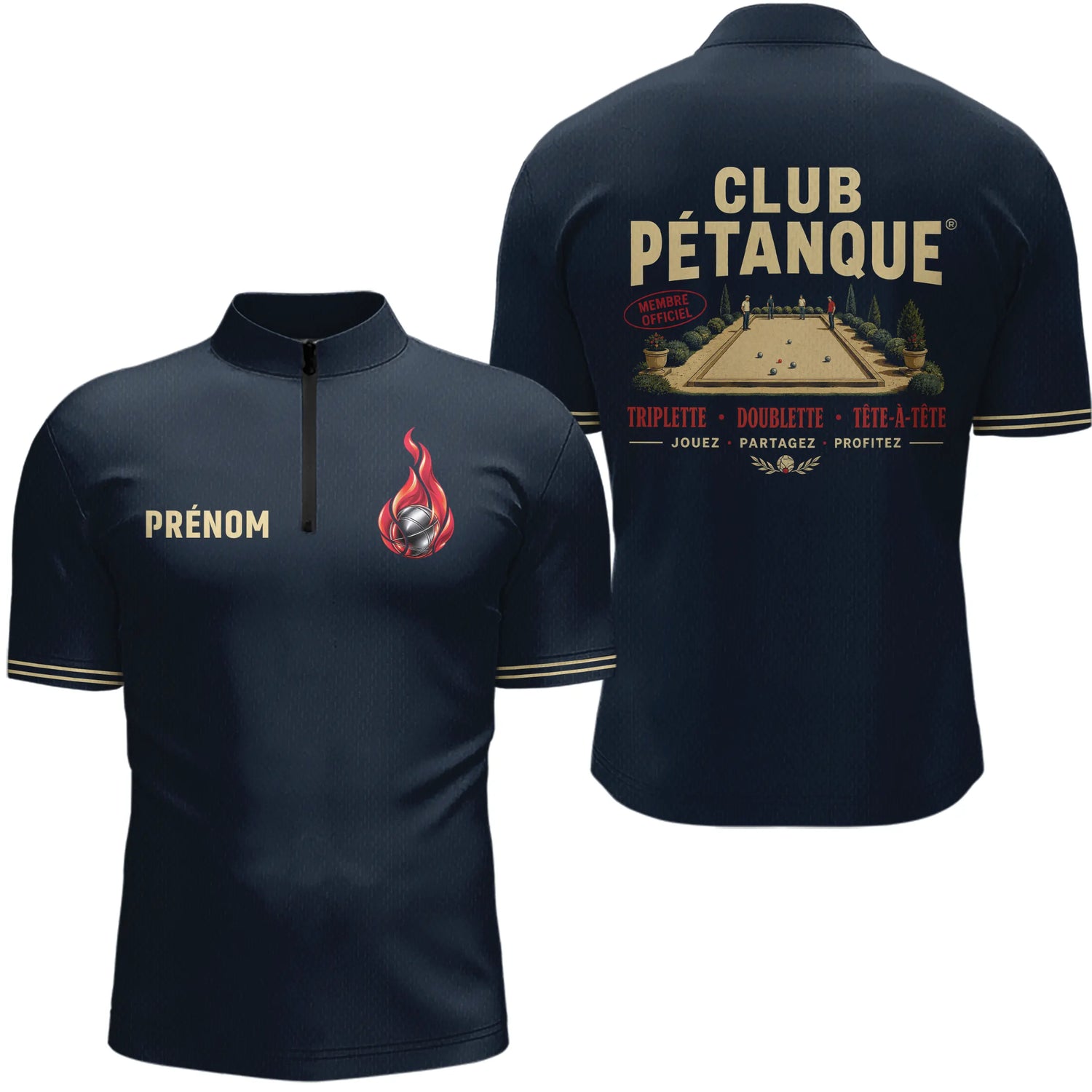Polo Pétanque Homme Femme - Triplette & Doublette Bleu Marine - Polo Zippé Homme
