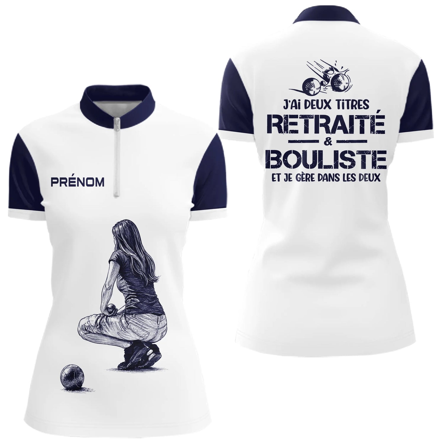 Polo Pétanque Homme Femme Blanc - Retraité & Bouliste - Polo Zippé Femme