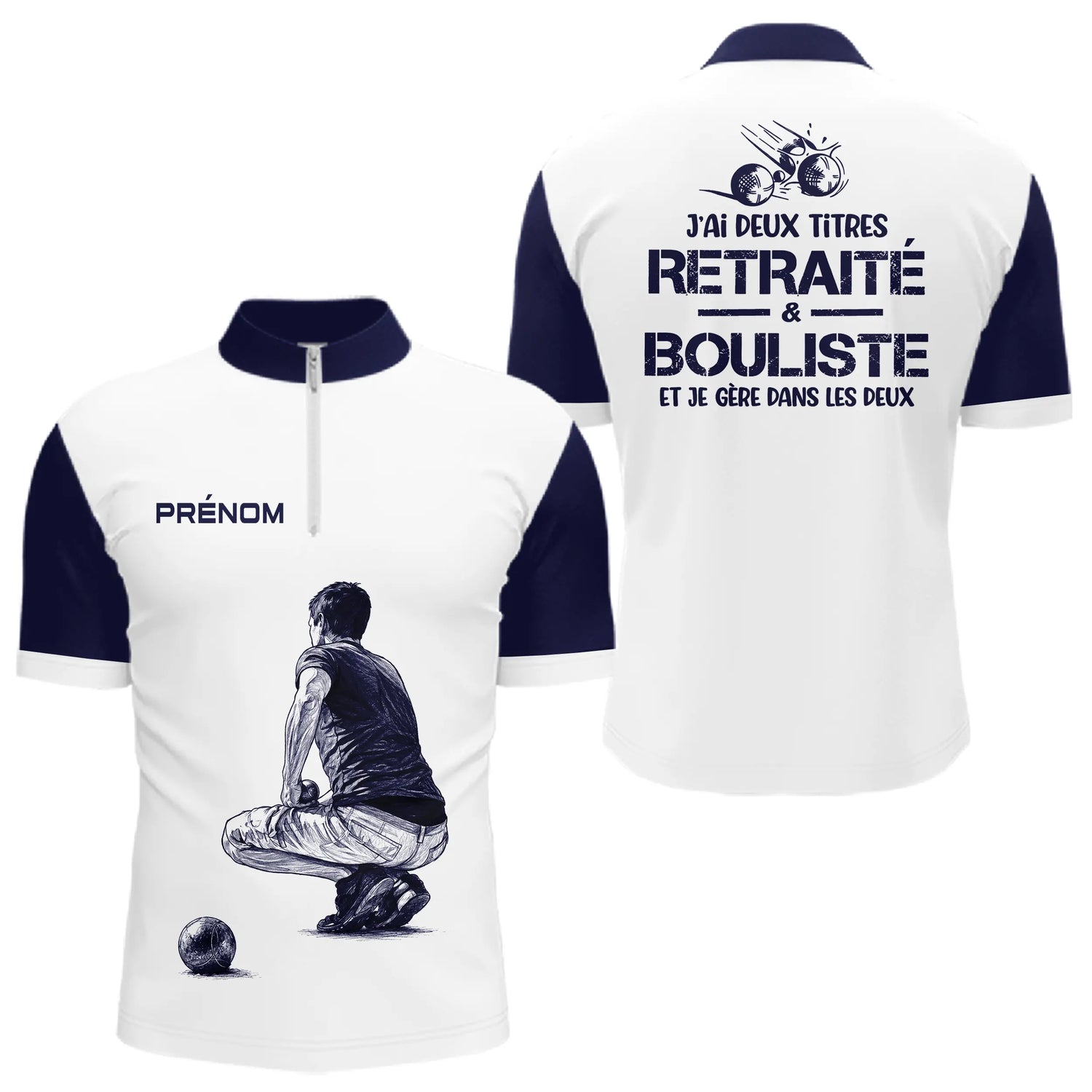Polo Pétanque Homme Femme Blanc - Retraité & Bouliste - Polo Zippé Homme