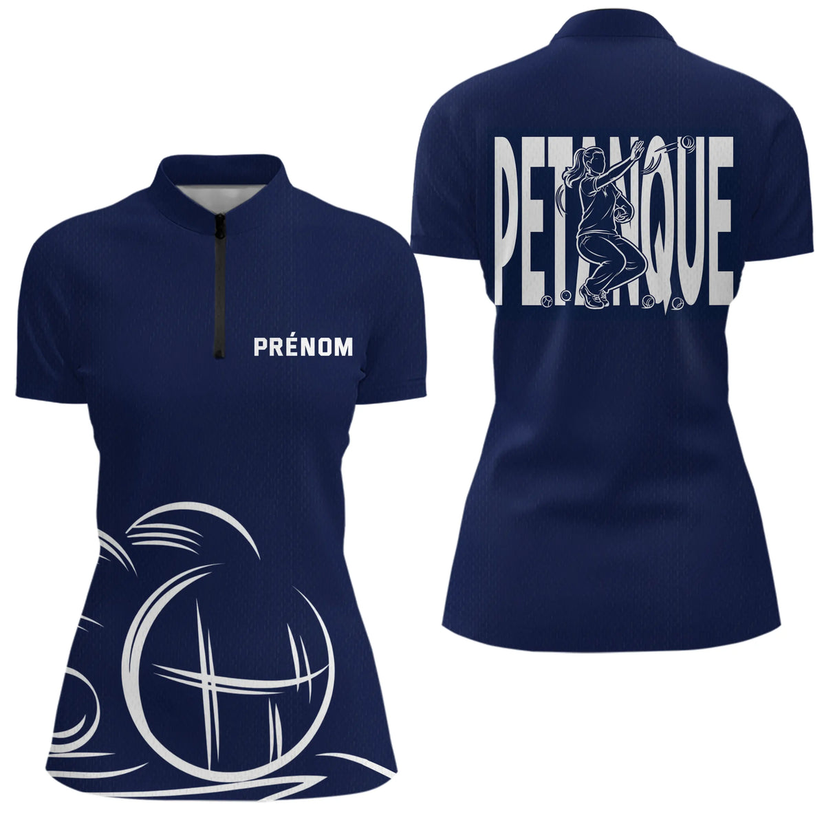 Polo Pétanque Homme Femme Bleu- Personnalisé Prénom - Polo Zippé Femme