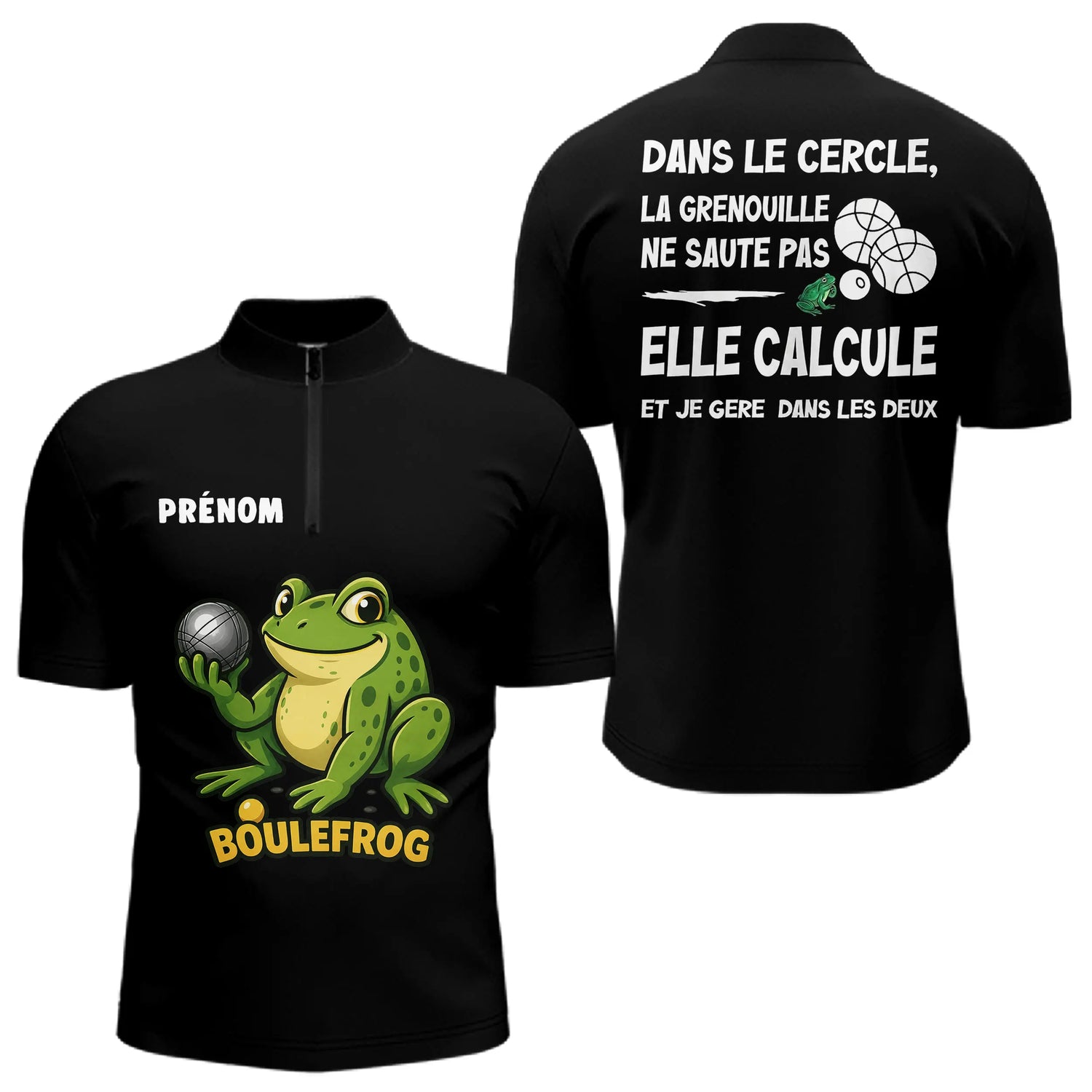 Polo Pétanque Homme Femme Boulefrog - Humour Grenouille Noir - Polo Zippé Homme