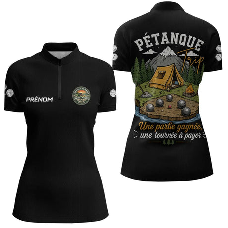 Polo Pétanque Homme Femme – Boules Esprit Camping Noir - Polo Zippé Femme