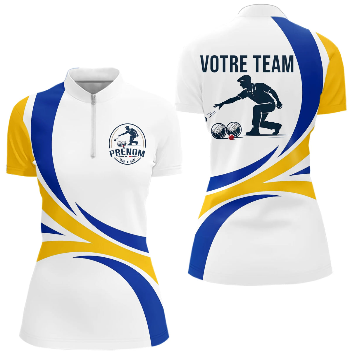Polo Pétanque Homme Femme – Design Boules Bleu Jaune - Polo Zippé Femme