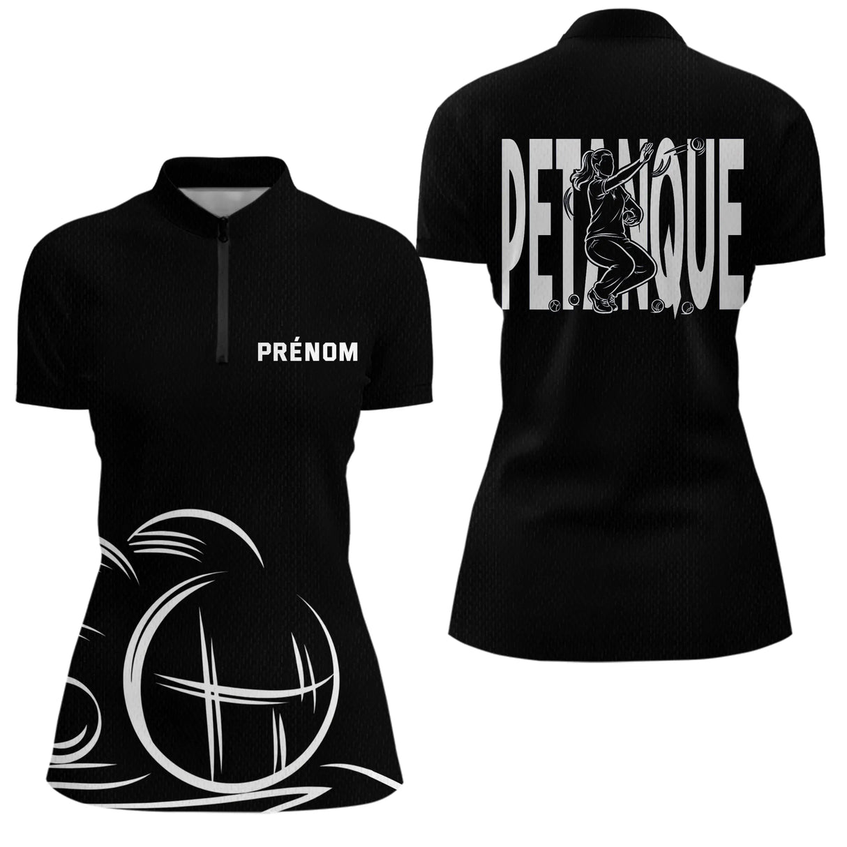 Polo Pétanque Homme Femme Noir - Personnalisé Prénom - Polo Zippé Femme