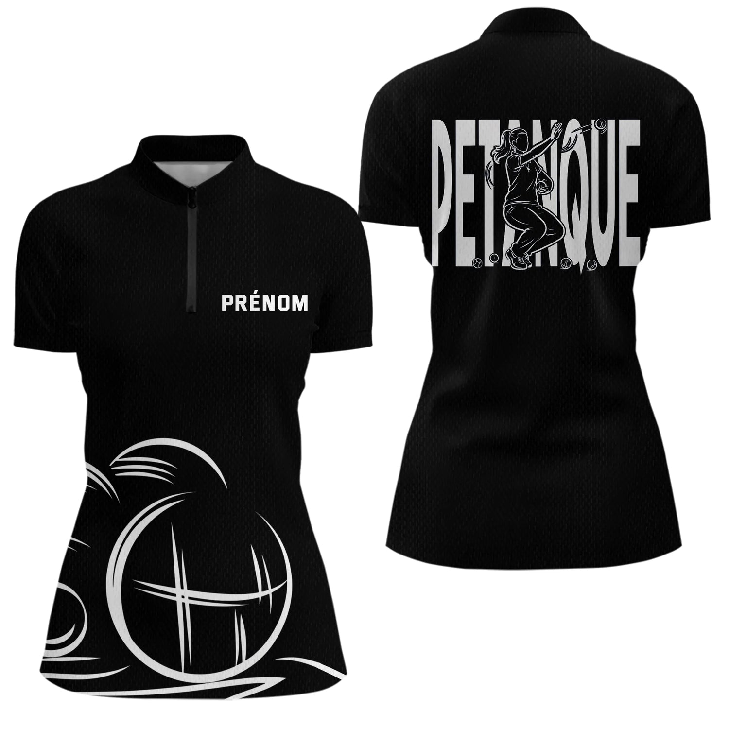 Polo Pétanque Homme Femme Noir - Personnalisé Prénom - Polo Zippé Femme