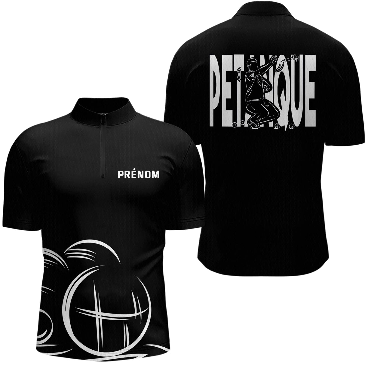 Polo Pétanque Homme Femme Noir - Personnalisé Prénom - Polo Zippé Homme