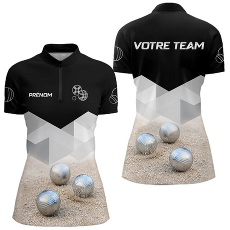 Polo Pétanque Homme Femme Noir – Design Boules & Sable - Polo Zippé Femme