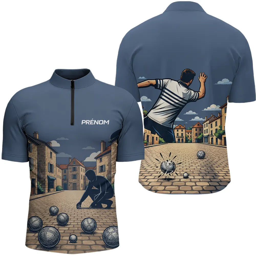 Polo Pétanque Homme Personnalisable - Bleu Gris - Polo Zippé Homme