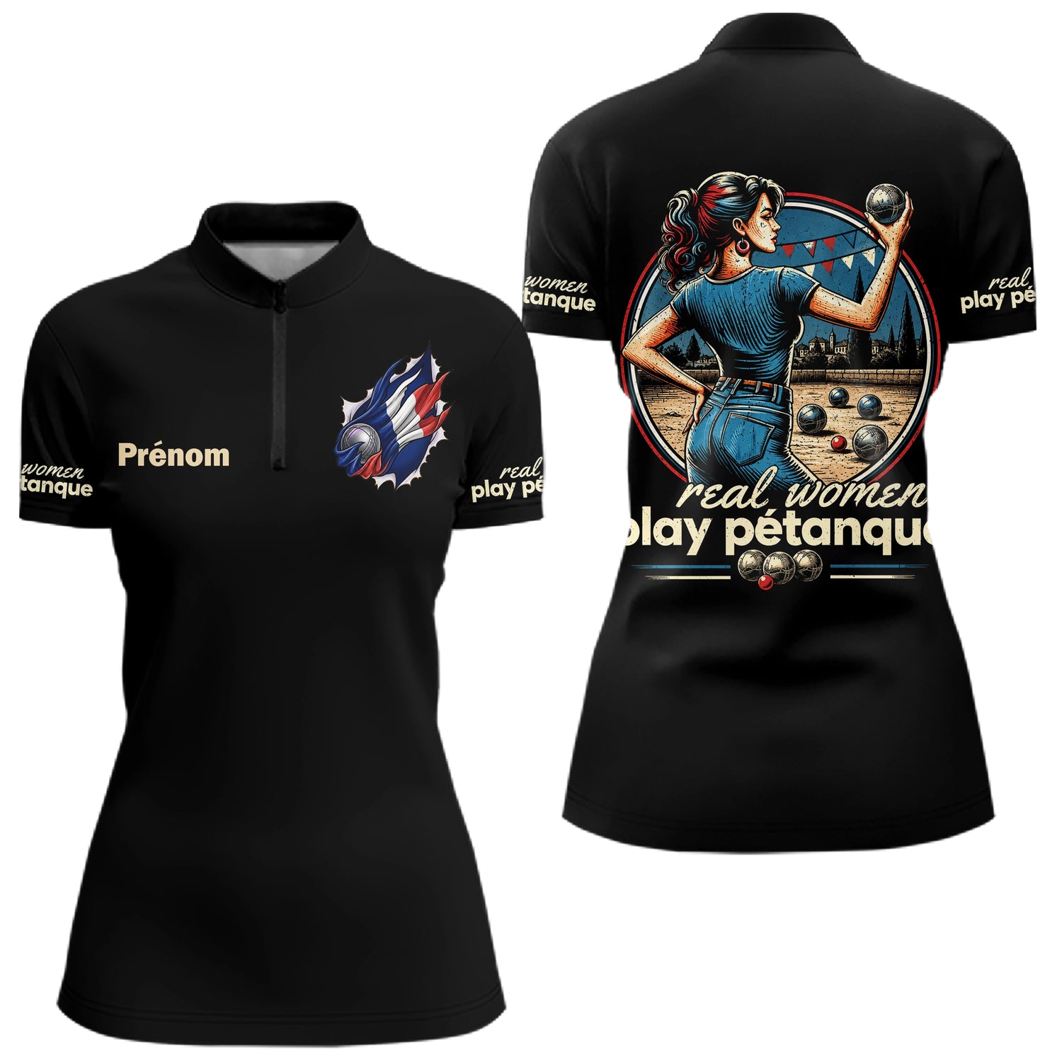 Polo Pétanque Humour - Homme Femme Noir Personnalisé - Polo Zippé Femme