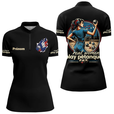 Polo Pétanque Humour - Homme Femme Noir Personnalisé - Polo Zippé Femme