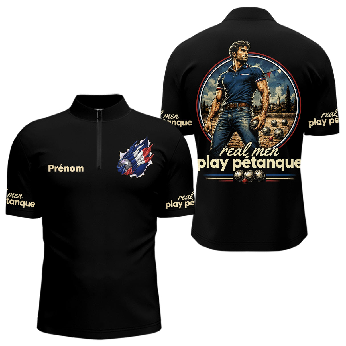 Polo Pétanque Humour - Homme Femme Noir Personnalisé - Polo Zippé Homme