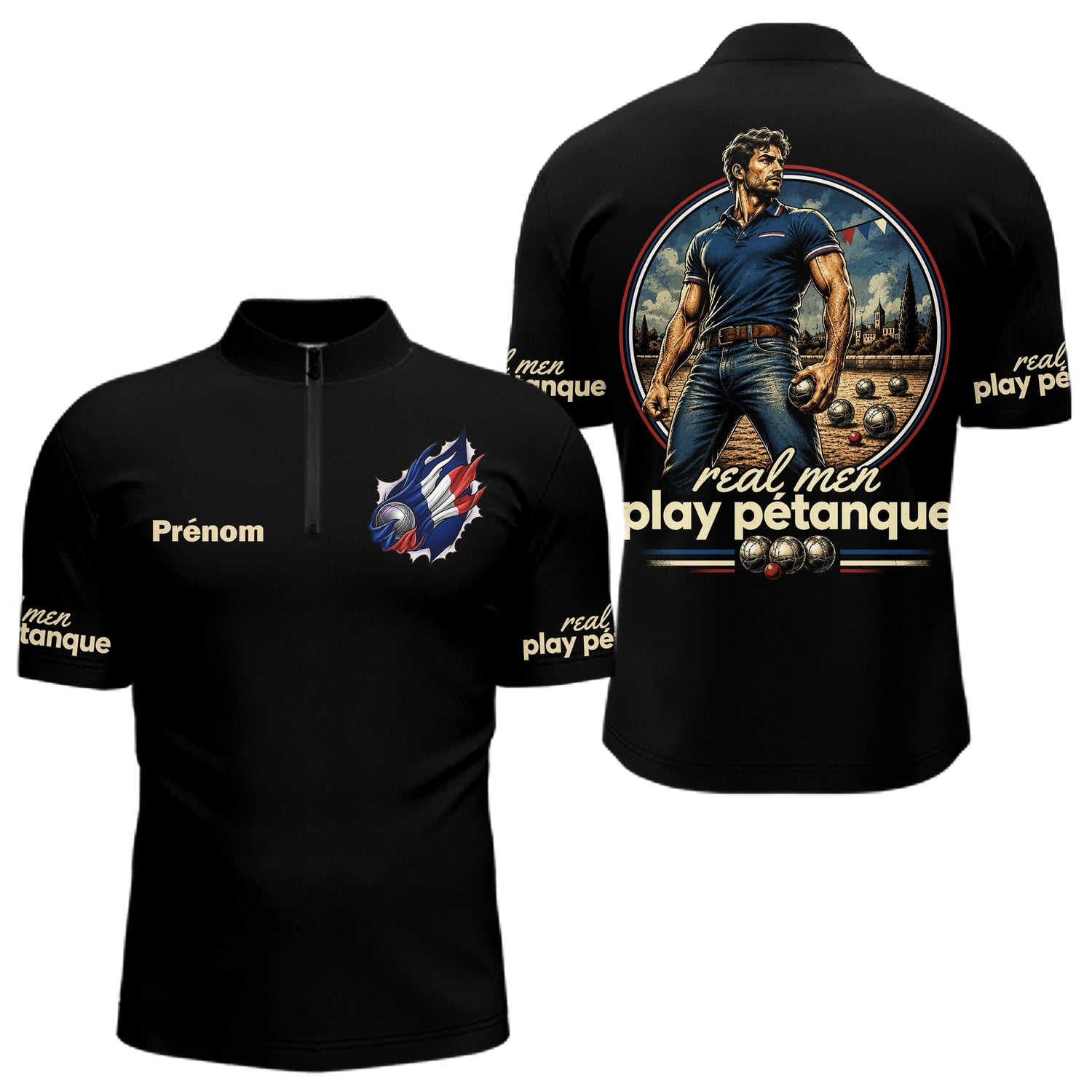 Polo Pétanque Humour - Homme Femme Noir Personnalisé - Polo Zippé Homme
