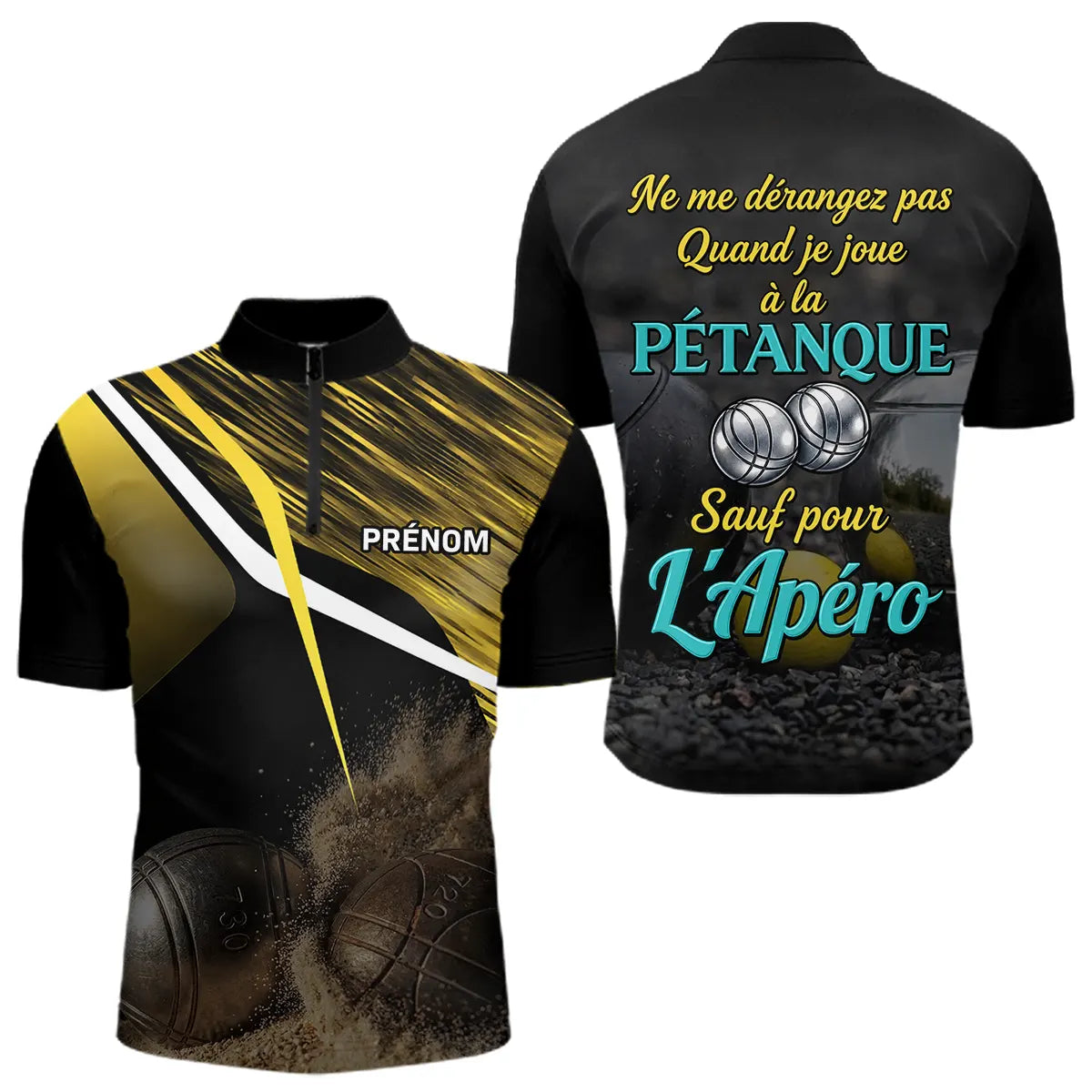 Polo Pétanque Humour Noir & Jaune - "Ne Me Dérange Pas" Personnalisé - Polo Zippé Homme