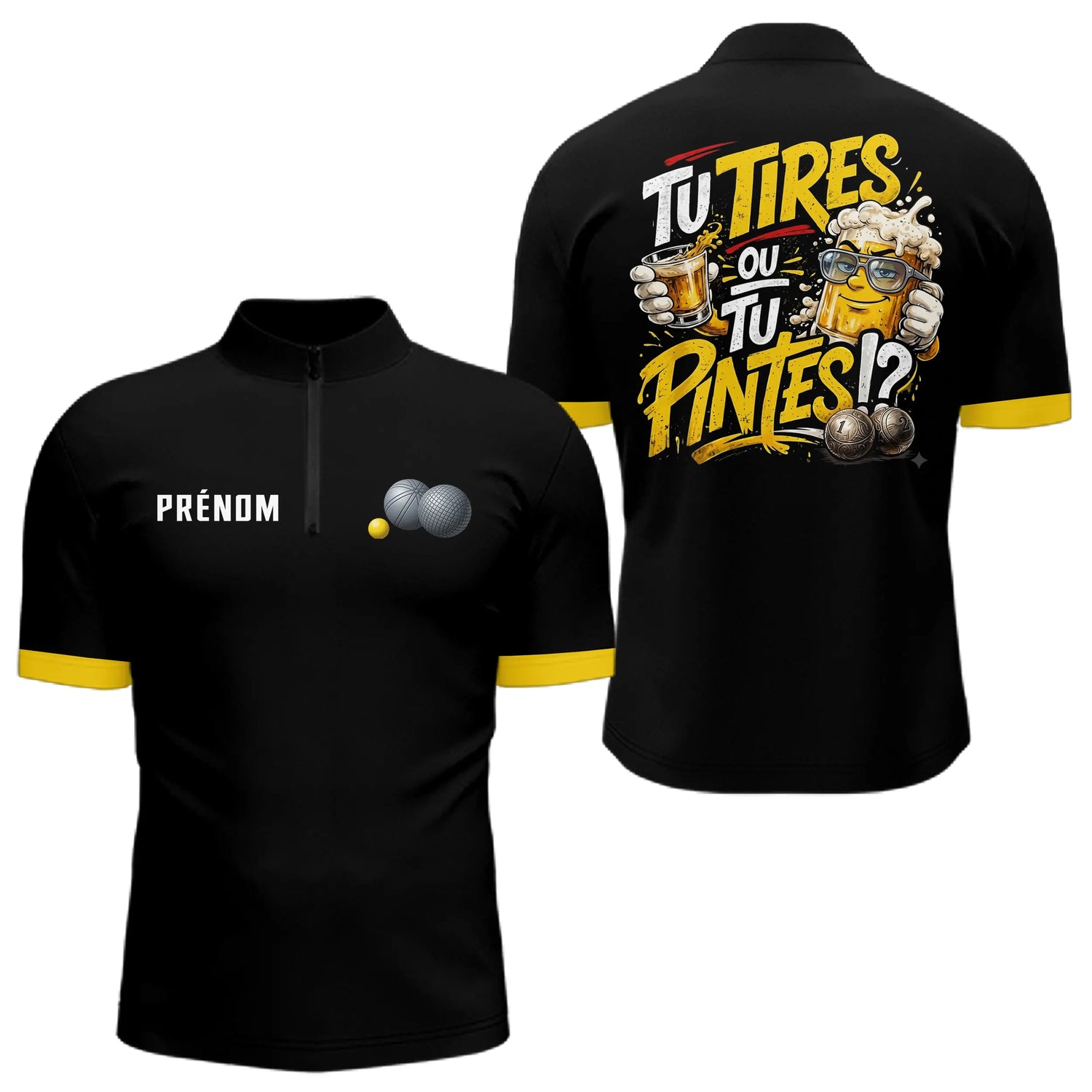 Polo Pétanque Humour Noir & Jaune - Tu Tires Ou Tu Pintes - Polo Zippé Homme