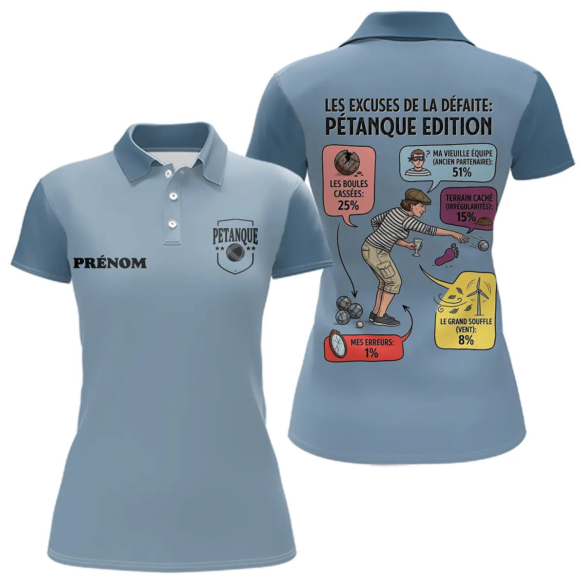 Polo Pétanque Humour Personnalisé - Bleu Gris - Polo Femme