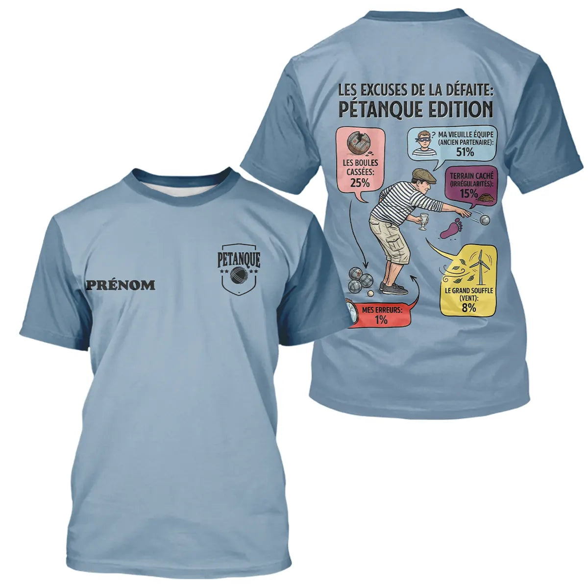 Polo Pétanque Humour Personnalisé - Bleu Gris - T-Shirt Homme