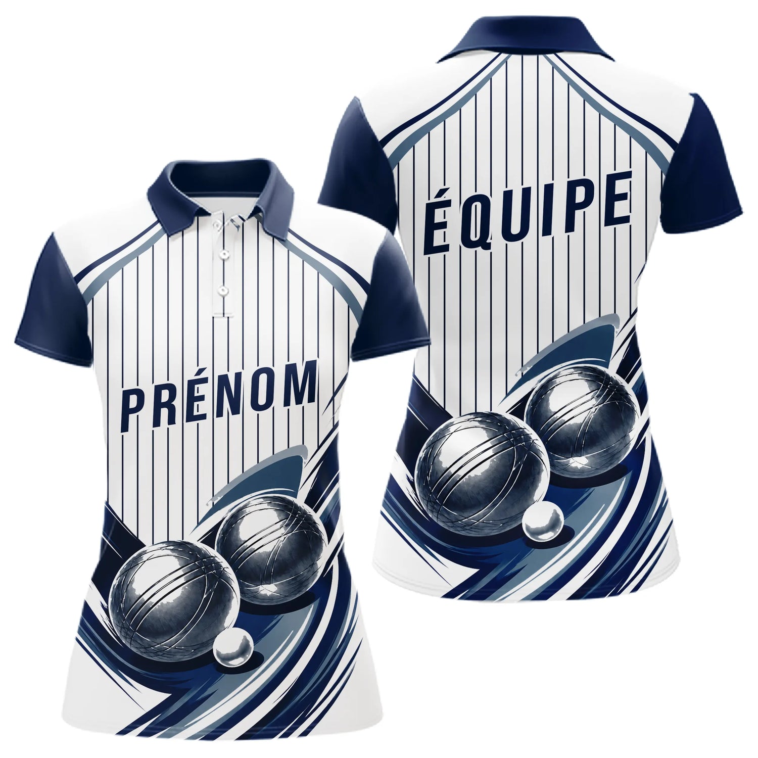 Polo Pétanque Impression Boules & Prénom - Bleu Et Blanc - Polo Femme