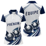 Polo Pétanque Impression Boules & Prénom - Bleu Et Blanc - Polo Femme