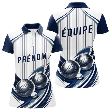 Polo Pétanque Impression Boules & Prénom - Bleu Et Blanc - Polo Femme