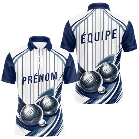 Polo Pétanque Impression Boules & Prénom - Bleu Et Blanc - Polo Homme