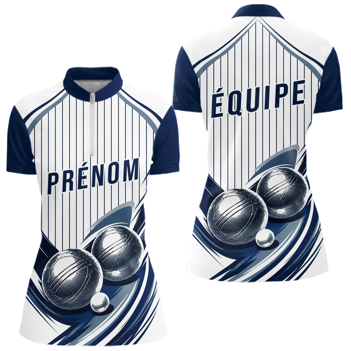 Polo Pétanque Impression Boules & Prénom - Bleu Et Blanc - Polo Zippé Femme