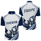 Polo Pétanque Impression Boules & Prénom - Bleu Et Blanc - Polo Zippé Homme