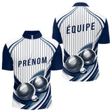 Polo Pétanque Impression Boules & Prénom - Bleu Et Blanc - Polo Zippé Homme