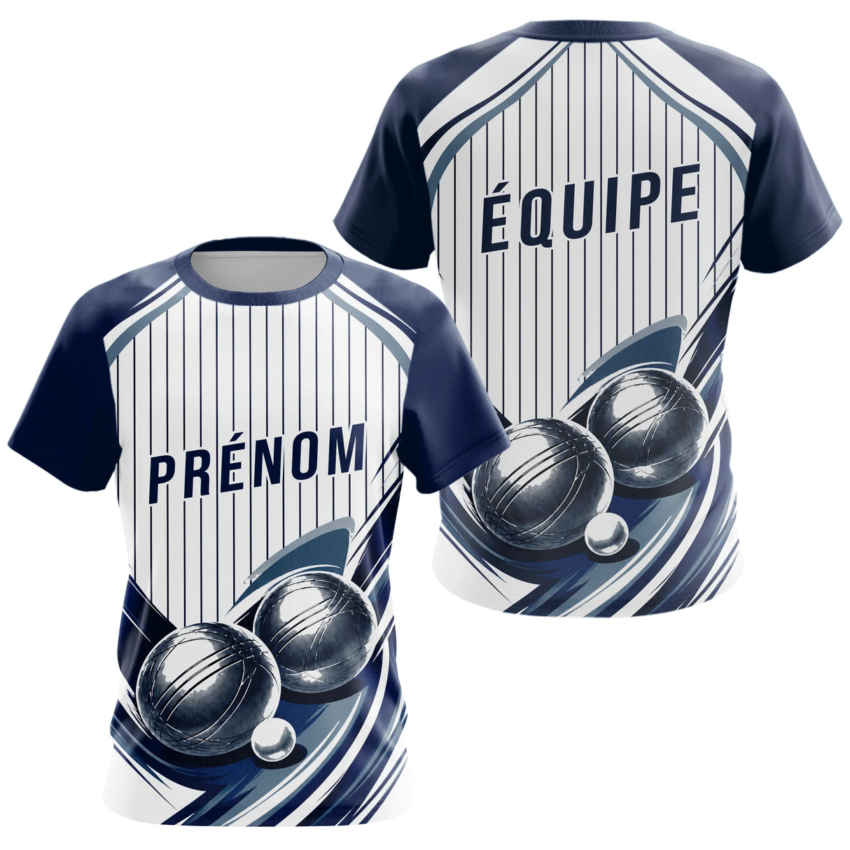 Polo Pétanque Impression Boules & Prénom - Bleu Et Blanc - T-Shirt Femme