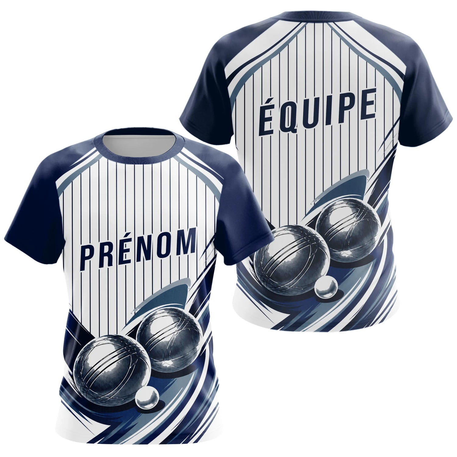 Polo Pétanque Impression Boules & Prénom - Bleu Et Blanc - T-Shirt Femme